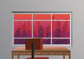 ventana del espacio de trabajo con el horizonte de la ciudad al atardecer. vector