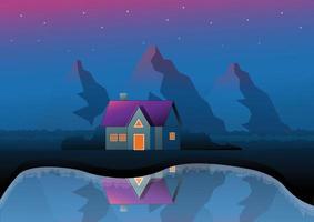 paisaje noche ilustración de una casa al lado de un lago vector
