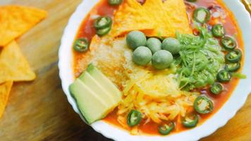 Mexican soup with three kinds of cheese. Royal soup with added avocado and peanuts with vasabi. I use romantic entourage and gold spoon video