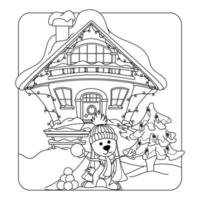 Winter house and rabbit coloring page. Isolated on white background. vector