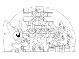 Rabbit and fire place coloring page. Isolated on white background. vector