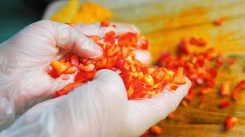 I hold a Sweet Red Kapia Peppers cut into small pieces. Macro shooting video