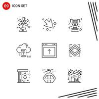 colección de 9 iconos vectoriales en estilo de línea. símbolos de contorno perfectos de píxeles para web y móvil. signos de icono de línea sobre fondo blanco. 9 iconos. vector