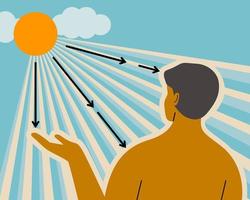 un hombre bronceado parado bajo el sol para obtener más vitamina d del sol, ilustración vectorial plana. vector