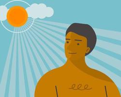A healthy man standing under sunshine for get more vitamin D from the sun, flat vector illustration.