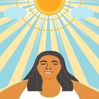 A tan woman under the sunlight for get more vitamin D from the sun, healthy living concept. flat vector illustration.