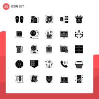 Pack of 25 creative Solid Glyphs of wash clean ecommerce storage servers Editable Vector Design Elements