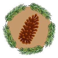 Fir cone with pine branches on pastel background. Winter decor, elements of new year design. Vector illustration.