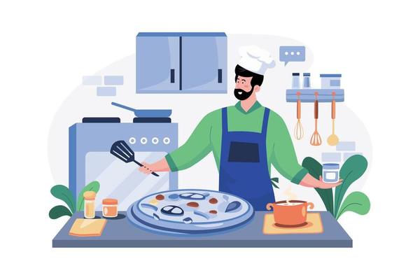 Pizzeria Composition With Chefs Baking Pizza