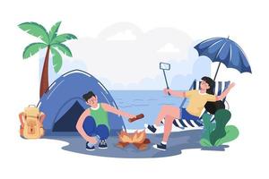 People Camping On The Beach Illustration concept. A flat illustration isolated on white background vector