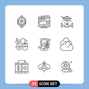 paquete de 9 signos y símbolos de contornos modernos para medios de impresión web, como ventas, crecimiento de lunes cibernéticos, muebles de computadora, elementos de diseño de vectores editables