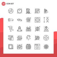 paquete de 25 iconos de contorno universal para medios impresos sobre fondo blanco. vector