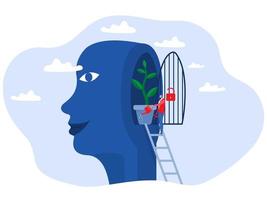 concepto de mentalidad de crecimiento personas leyendo libros con plantas de riego del cerebro como crecimiento de la personalidad superación personal e ideas de superación personal ilustrador vectorial plano vector