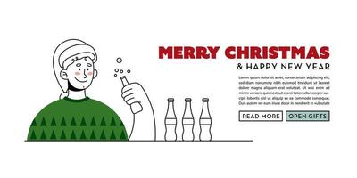 Man holding Glass Bottle. Christmas, New Year celebration. Creative banner, web page, social media post. Vector illustration in outline flat style