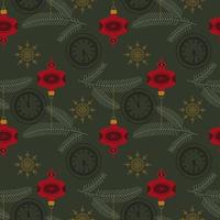 Christmas retro Seamless Pattern with Vintage Glass Ball on Spruce. Flat Vector illustration