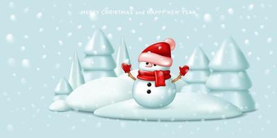 Christmas background with snowy landscape, snowman, and Christmas trees. Vector illustration in cartoon 3D style
