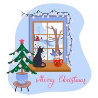 Christmas window with winter landscape, cat sitting on the window sill. Winter holidays decorations. Merry Christmas lettering. Greeting card or poster template. vector