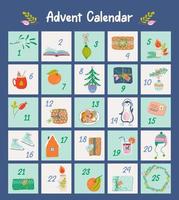 Christmas Advent calendar with cute hand drawn elements. Xmas Poster with holiday symbols. 25 countdown cards. Vector illustration.