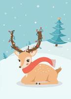tarjeta de navidad con lindo reno y árbol de navidad vector