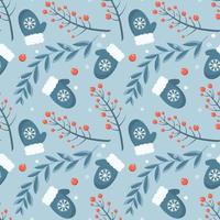 Seamless winter pattern with mittens and red berries vector