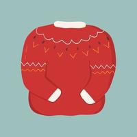 Red winter, autumn sweater with pattern. Warm clothes isolated on blue background in cartoon style. Vector illustration