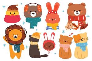 cute animals wearing scarf in winter day sticker set vector