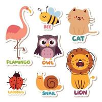 juego de pegatinas de animales de dibujo a mano vector