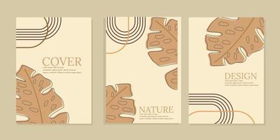 conjunto de diseño de portada boho estético de hoja de monstera. fondo de color marrón del tema botánico. a4 para cuadernos, planificadores, folletos, libros, catálogos vector