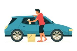 Man Cleaning and Washing Car vector