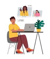 Virtual remote work. Windows with office colleagues. Online remote video conference call. Video conference. Vector illustration is flat isolated on a white background.