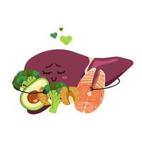 Happy human liver with healthy food with a purple hearth in the background. Cartoon style liver hugging broccoli, walnut, salmon and avocado. Love your liver. Perfect for children's design. vector