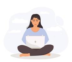 The girl is sitting cross-legged with a laptop, in the lotus position. A woman works and studies online. Vector graphics.