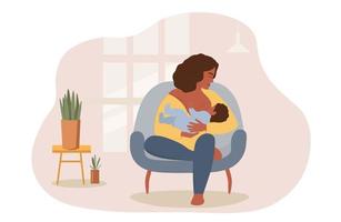 A woman sits at home in a chair and feeds a baby with breast milk. Mother and newborn together. Vector graphics.