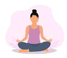 A woman is sitting in the lotus position with her legs crossed in the lotus position, doing yoga asanas. Vector graphics.