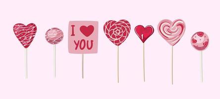 Lollipops for Valentine s Day. Lollipop in heart shape, spiral and round candies in transparent plastic pack isolated. vector