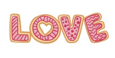 amor de inscripción en forma de galletas. objetos decorativos para el día de la madre, día de los enamorados, día de la mujer y san valentín. estilo de dibujos animados, ilustración vectorial. vector