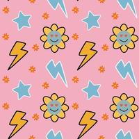 Groovy seamless patterns with cherry, lightning, clouds and dots. Vector backgrounds in trendy retro trippy style. Hippie 60s, 70s style. Design for fashion , fabric, textile, wallpaper, cover.