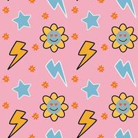 Groovy seamless patterns with cherry, lightning, clouds and dots. Vector backgrounds in trendy retro trippy style. Hippie 60s, 70s style. Design for fashion , fabric, textile, wallpaper, cover.