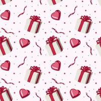 Valentine s Day is a seamless pattern with gifts and hearts. Pattern for Wrapping paper, postcards, textiles, wallpapers, fabrics, etc. Cartoon style, vector illustration.