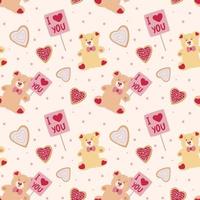 Valentine s Day seamless pattern. Cute bear with a sign and a heart-shaped cookie. Pattern for Wrapping paper, postcards, textiles, wallpapers, fabrics, etc. Cartoon style, vector illustration.