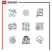 9 iconos generales para el diseño de sitios web impresos y aplicaciones móviles. 9 símbolos de contorno signos aislados sobre fondo blanco. Paquete de 9 iconos. vector