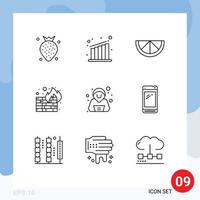 Modern Set of 9 Outlines and symbols such as smart phone security fruit hacker wall Editable Vector Design Elements