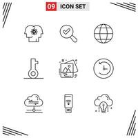 Group of 9 Outlines Signs and Symbols for photo security communication password key Editable Vector Design Elements