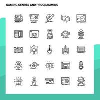 conjunto de géneros de juego y conjunto de iconos de línea de programación 25 iconos diseño de estilo minimalista vectorial conjunto de iconos negros paquete de pictogramas lineales vector