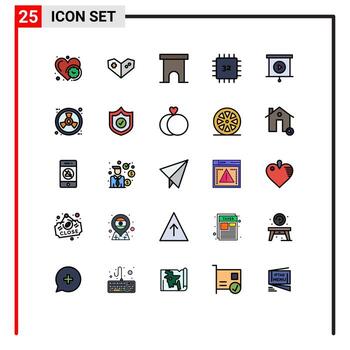 paquete de 25 modernos signos y símbolos de colores planos de línea rellena para medios de impresión web, como el instituto de análisis de gadgets, dispositivos de construcción, elementos de diseño de vectores editables con chip