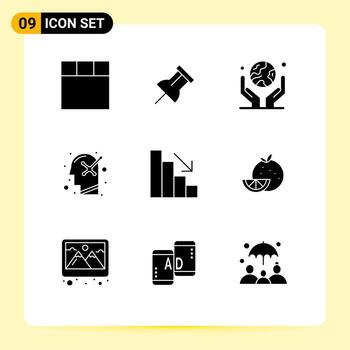 Pack of 9 Modern Solid Glyphs Signs and Symbols for Web Print Media such as orange descent planet analytics psychology Editable Vector Design Elements