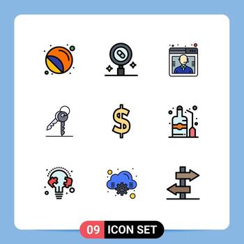 conjunto de color plano de línea de relleno de interfaz móvil de 9 pictogramas de llaves de habitación clave de medicina elementos de diseño de vector editables en línea