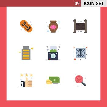 Mobile Interface Flat Color Set of 9 Pictograms of computer regular security camera energy Editable Vector Design Elements