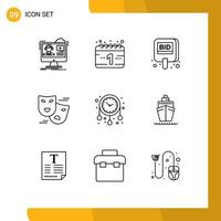 Pictogram Set of 9 Simple Outlines of clock face masks auction comedy tag Editable Vector Design Elements