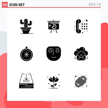 Editable Vector Line Pack of 9 Simple Solid Glyphs of face open communication navigation compass Editable Vector Design Elements